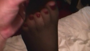 My girlfriend black lace top stockings suspenders hand job