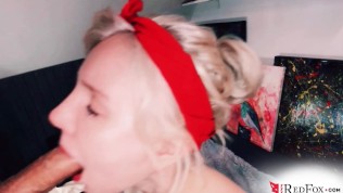 Sexy Blonde Striptease and Sensual Blowjob after Work – Closeup