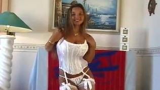 Big tit girl in white satin panties corset and stockings