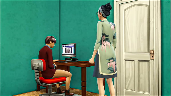 Mom catches her son again masturbating in his room watching a porn movie in front of the computer and she decided to help him by having sex with him – Asian mom and son